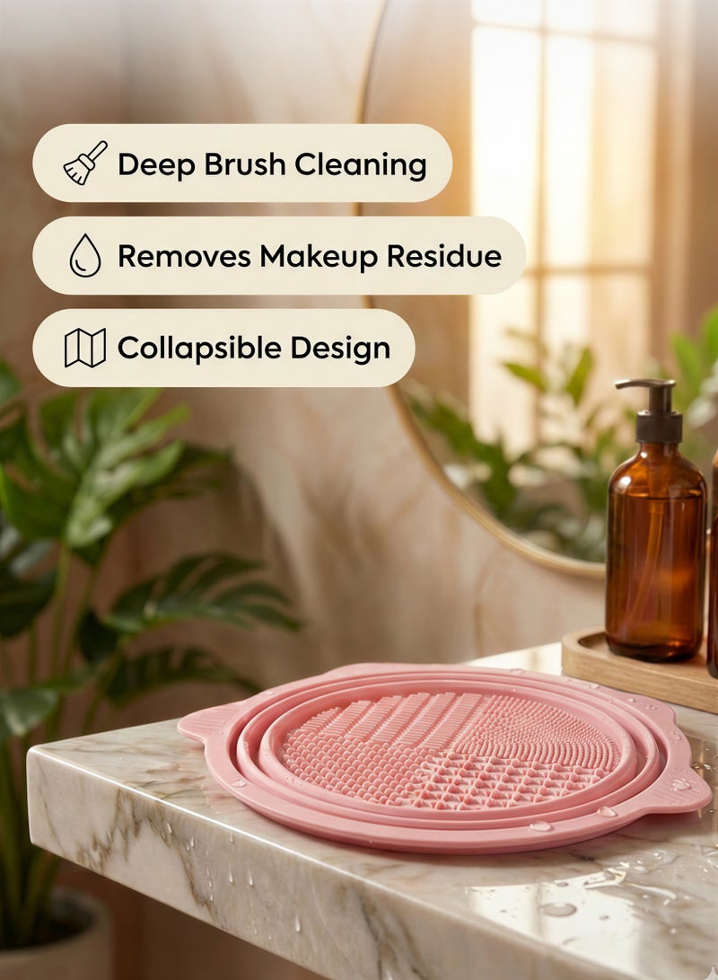TRENZ Collapsible Silicone Makeup Brush Cleaning Bowl with Textured Scrubber Pad + Hanging Loop – Pink - Image 2
